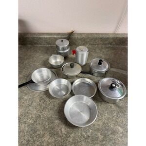 Vintage Aluminum Toy Cookware Set Pots Pans Percolator Mid Century Play Kitchen